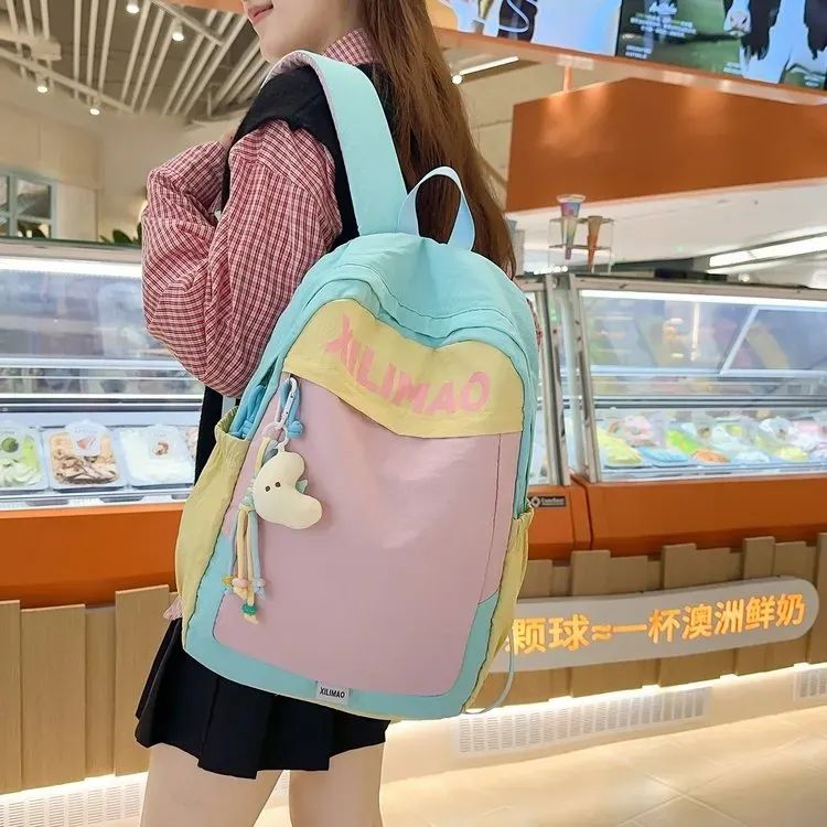 Tas Ransel Wanita Bahan Nylon Polos Warna Abu-Abu Bentuk Kotak Tali Lebar Grosir Import