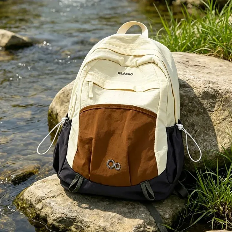 Tas Ransel Wanita Bahan Nylon Polos Warna Abu-Abu Bentuk Kotak Tali Lebar Grosir Import