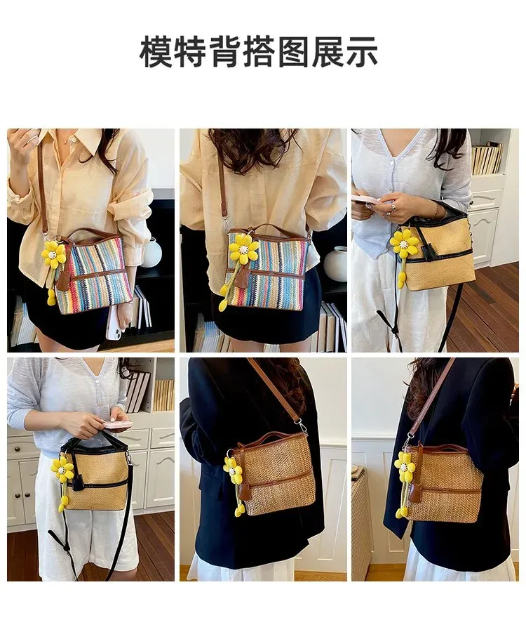 Tas Selempang Wanita Bahan PU Sintetis Motif Garis Bentuk Kotak Tali Panjang Resleting Grosir