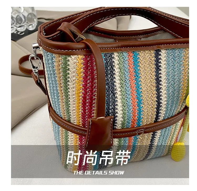 Tas Selempang Wanita Bahan PU Sintetis Motif Garis Bentuk Kotak Tali Panjang Resleting Grosir