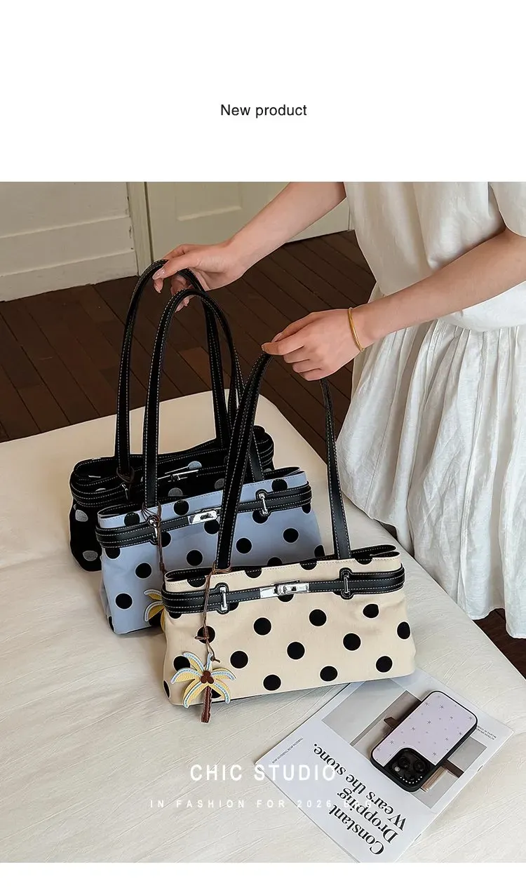 Tas Selempang Wanita Bahan PU Sintetis Motif Polkadot Warna Hitam Bentuk Kotak