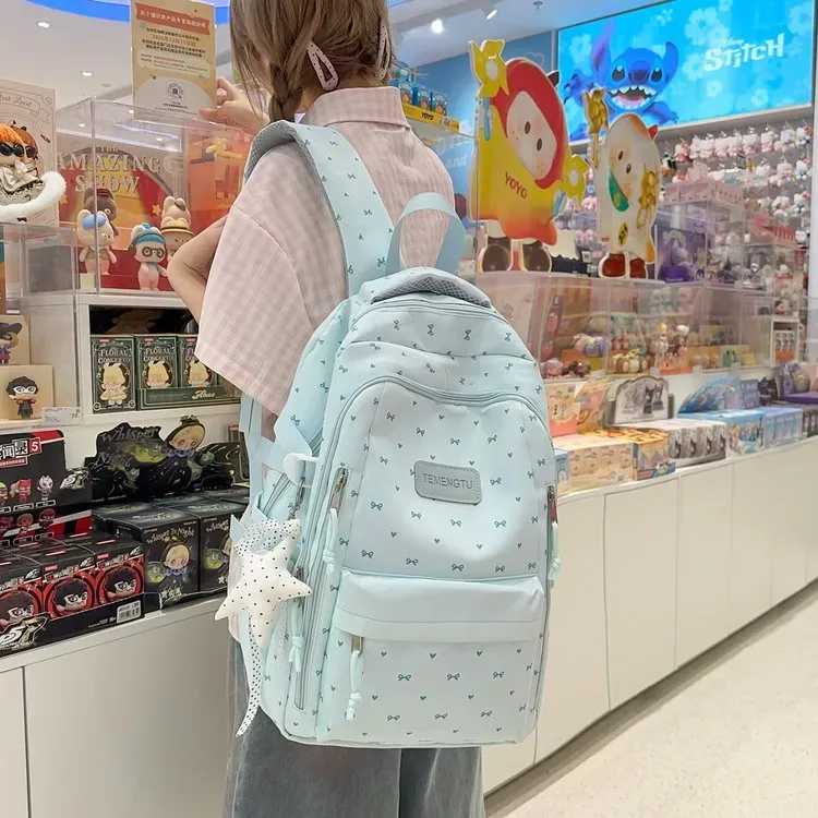 Tas Ransel Wanita Bahan Nylon Motif Polkadot Warna Pink Bentuk Kotak Tali Lebar Grosir Import