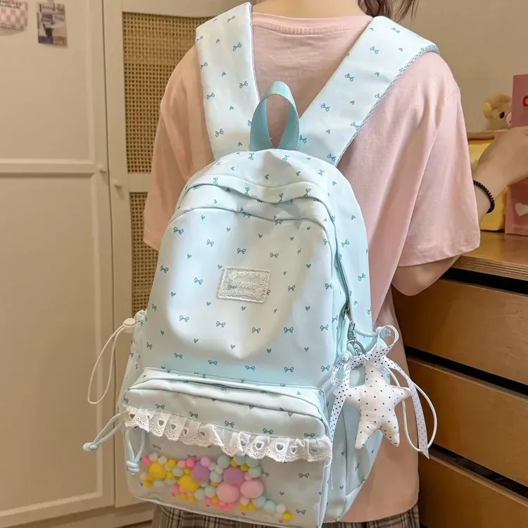 Tas Ransel Wanita Bahan Nylon Motif Polkadot Warna Pink Bentuk Kotak Tali Lebar Grosir Import