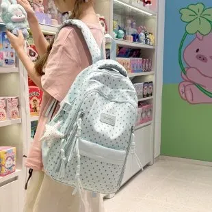 Tas Ransel Wanita Bahan Kain Motif Polkadot Warna Biru Bentuk Kotak Tali Lebar Grosir Import