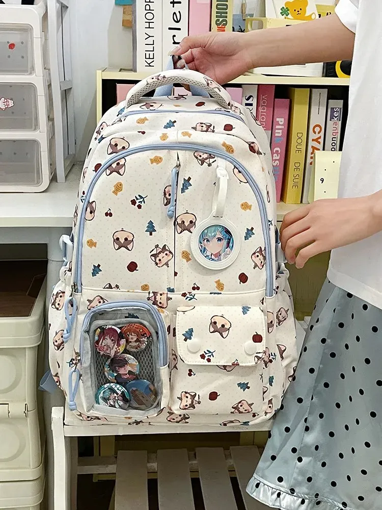 Tas Ransel Wanita Bahan Kain Motif Print Bentuk Kotak Tali Lebar Resleting Bahan PU Sintetis