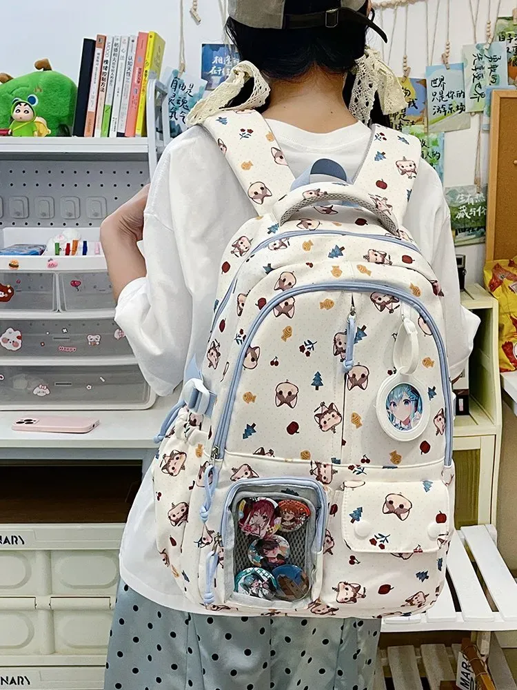Tas Ransel Wanita Bahan Kain Motif Print Bentuk Kotak Tali Lebar Resleting Bahan PU Sintetis