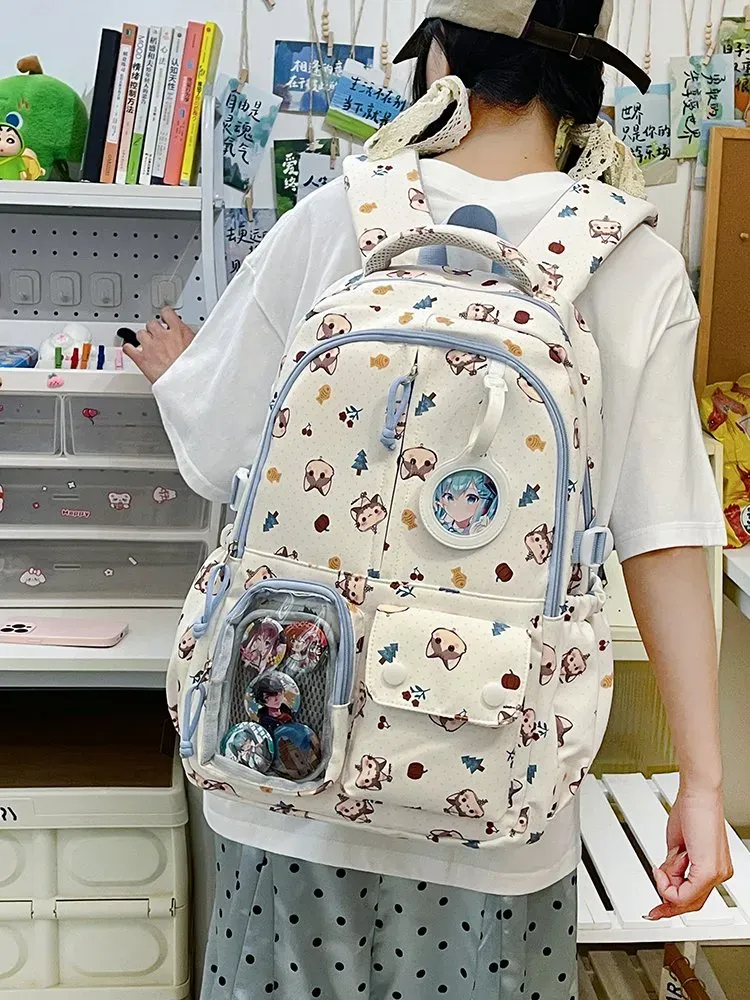 Tas Ransel Wanita Bahan Kain Motif Print Bentuk Kotak Tali Lebar Resleting Bahan PU Sintetis