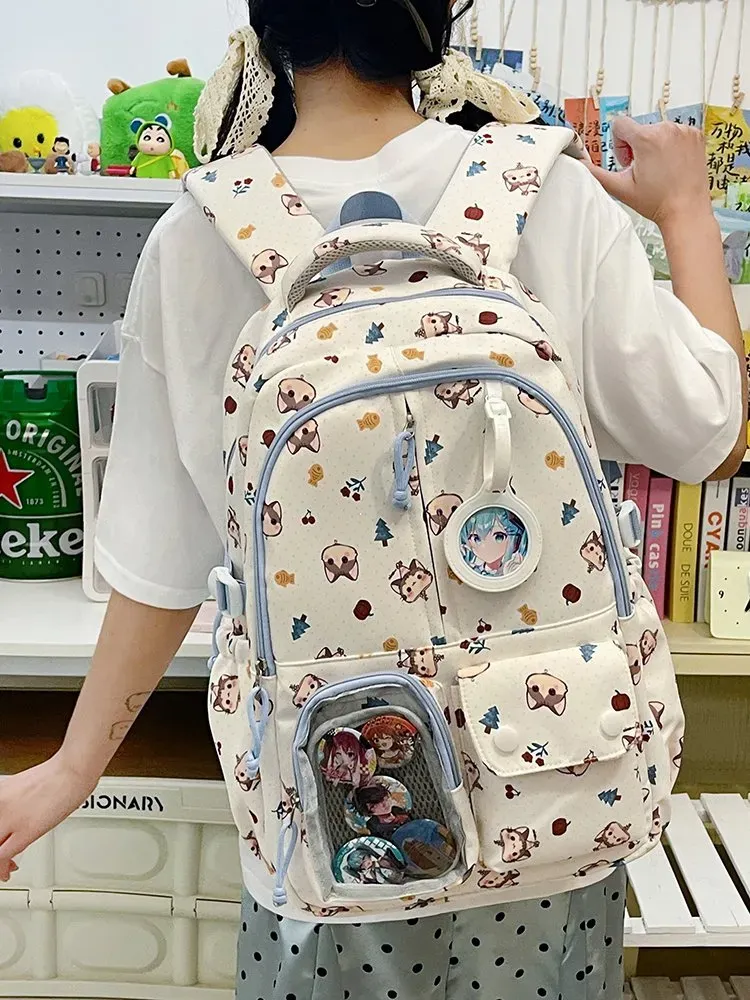 Tas Ransel Wanita Bahan Kain Motif Print Bentuk Kotak Tali Lebar Resleting Bahan PU Sintetis