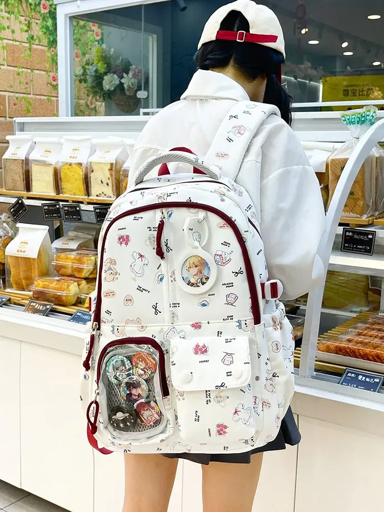 Tas Ransel Wanita Bahan Kain Motif Print Bentuk Kotak Tali Lebar Resleting Bahan PU Sintetis