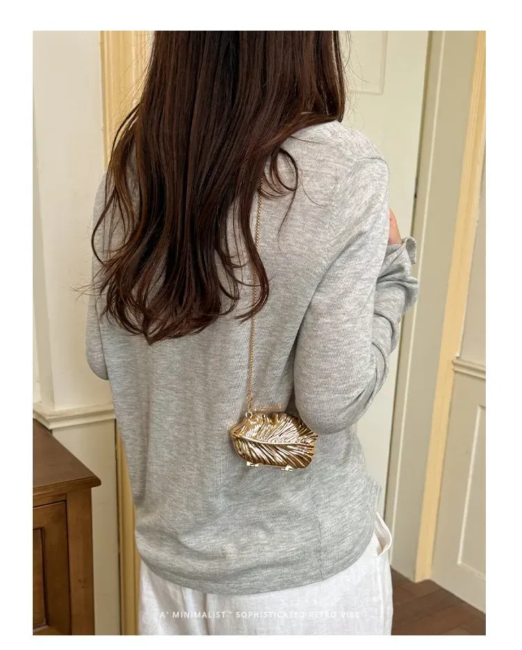 Tas Selempang Wanita Bahan PU Sintetis Motif Daun Warna Gold Bentuk Bulat Tali Grosir Import