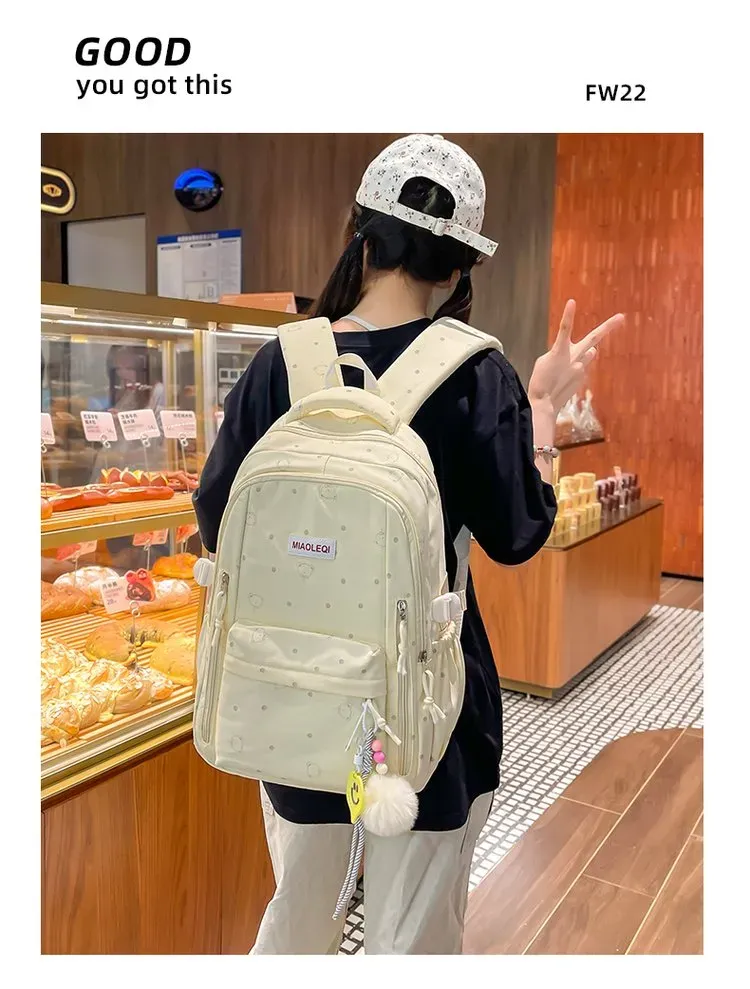 Tas Ransel Wanita Bahan Nylon Motif Print Warna Pink Bentuk Kotak Tali Lebar Dengan Gantungan