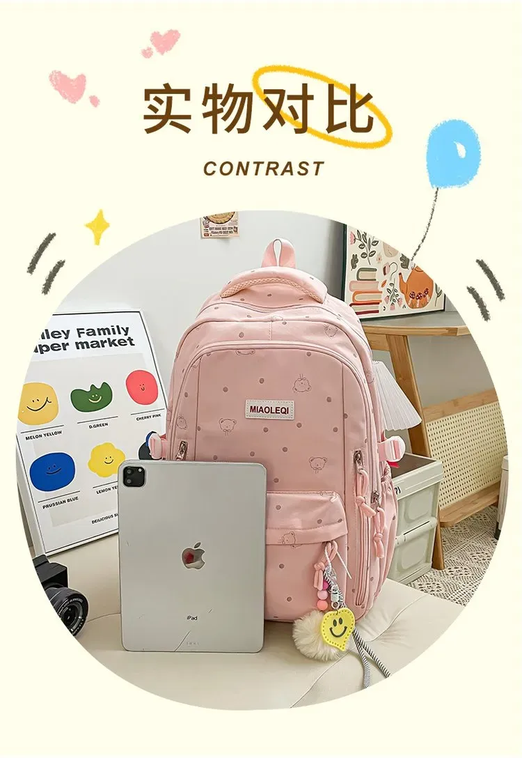 Tas Ransel Wanita Bahan Nylon Motif Print Warna Pink Bentuk Kotak Tali Lebar Dengan Gantungan