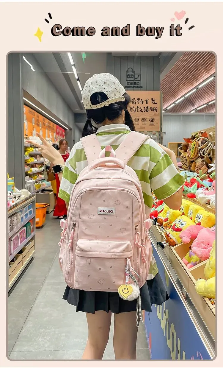 Tas Ransel Wanita Bahan Nylon Motif Print Warna Pink Bentuk Kotak Tali Lebar Dengan Gantungan