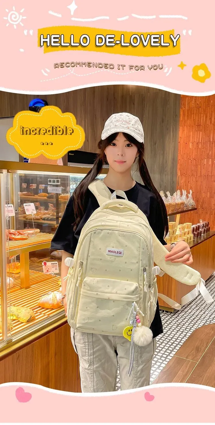 Tas Ransel Wanita Bahan Nylon Motif Print Warna Pink Bentuk Kotak Tali Lebar Dengan Gantungan