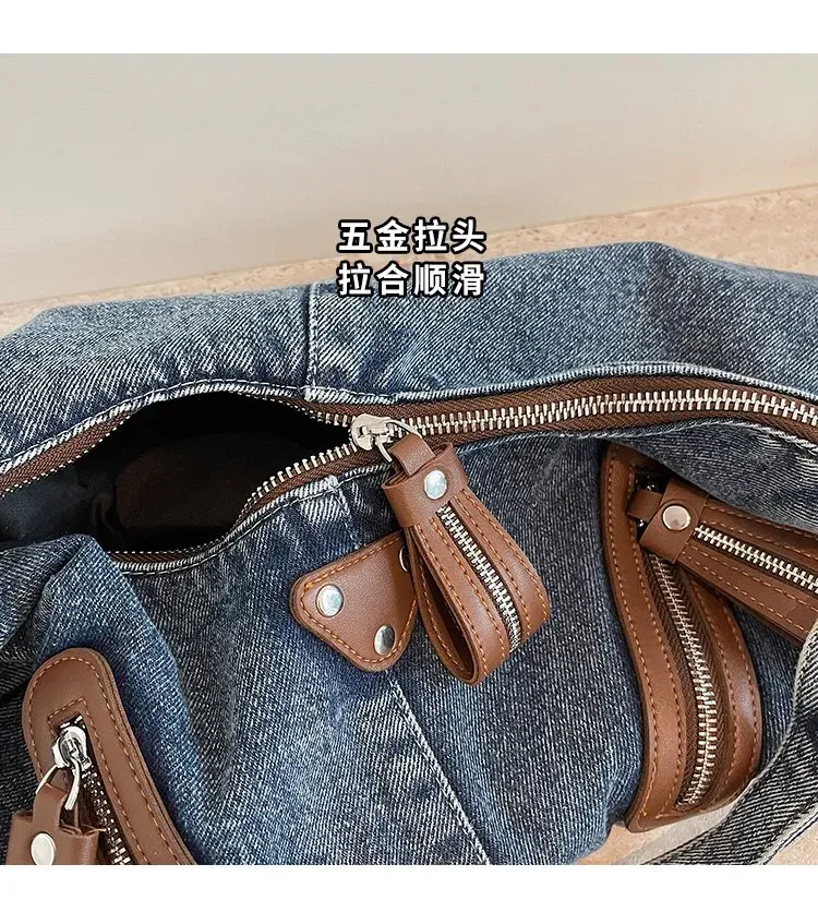 Tas Selempang Wanita Bahan PU Sintetis Polos Warna Biru Model Hobo Tali Panjang Bahan Denim