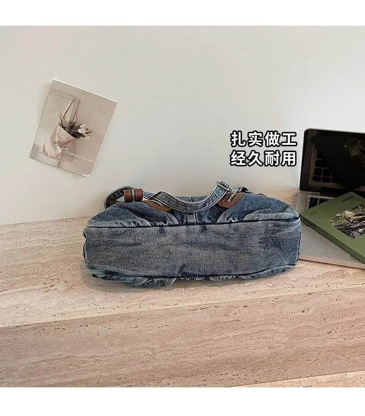 Tas Selempang Wanita Bahan PU Sintetis Polos Warna Biru Model Hobo Tali Panjang Bahan Denim