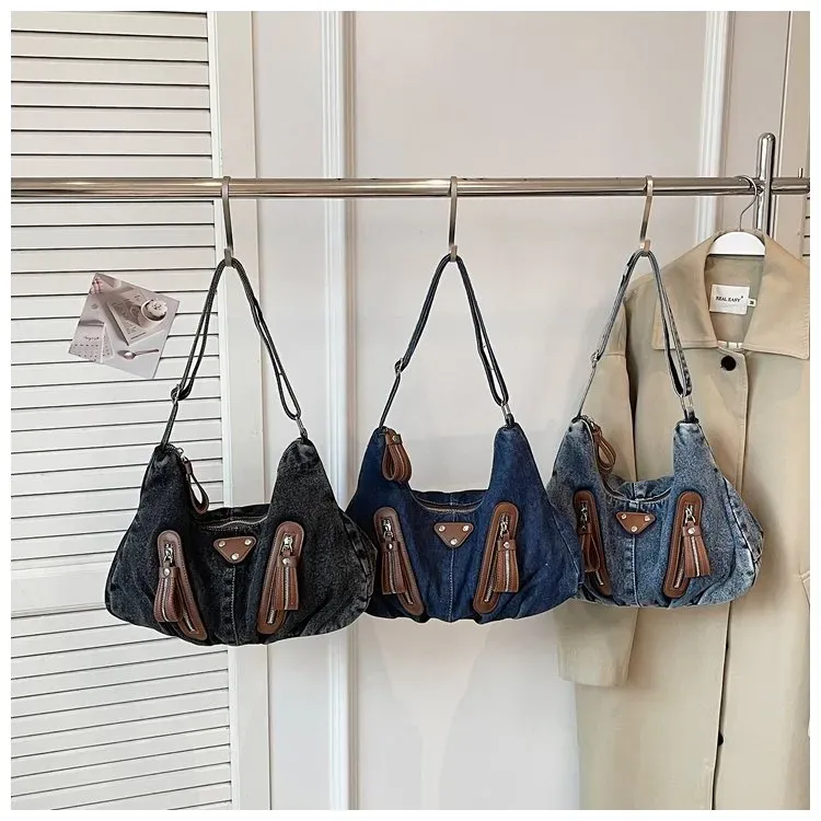 Tas Selempang Wanita Bahan PU Sintetis Polos Warna Biru Model Hobo Tali Panjang Bahan Denim