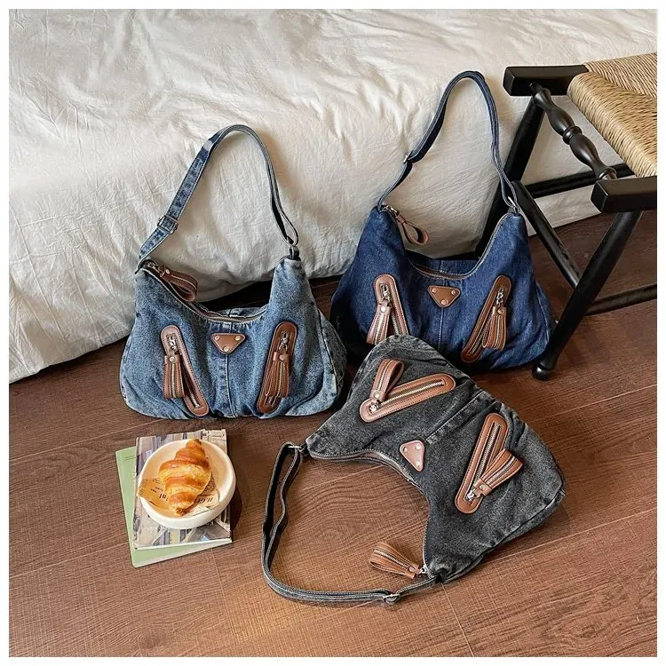 Tas Selempang Wanita Bahan PU Sintetis Polos Warna Biru Model Hobo Tali Panjang Bahan Denim