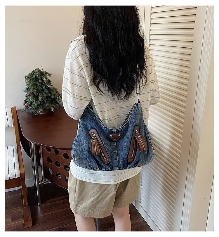 Tas Selempang Wanita Bahan PU Sintetis Polos Warna Biru Model Hobo Tali Panjang Bahan Denim