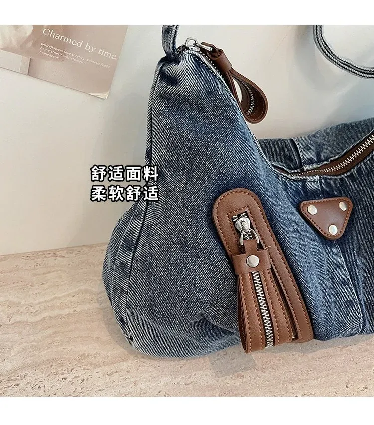 Tas Selempang Wanita Bahan PU Sintetis Polos Warna Biru Model Hobo Tali Panjang Bahan Denim