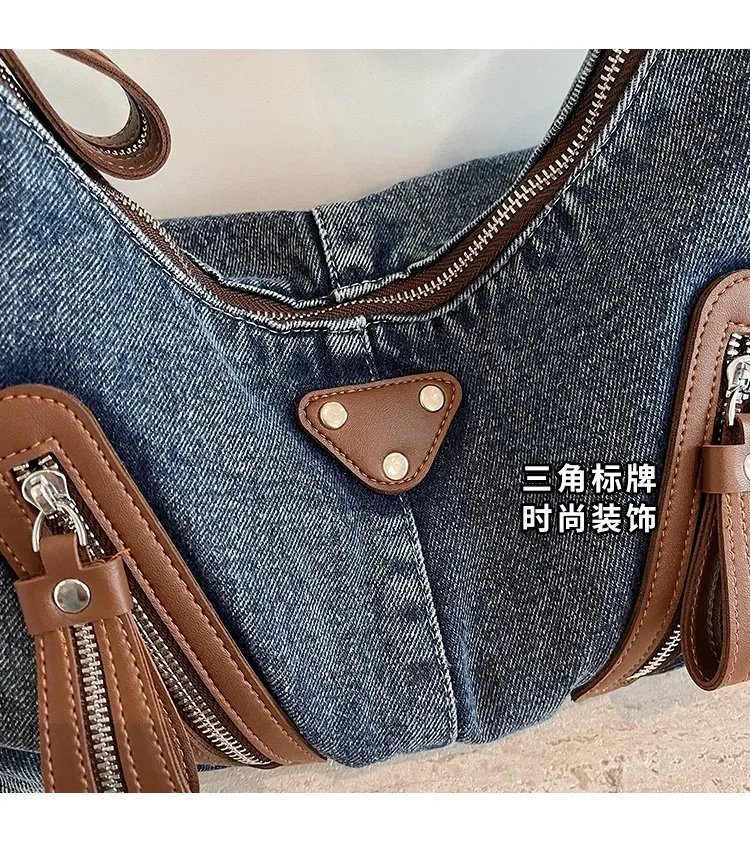 Tas Selempang Wanita Bahan PU Sintetis Polos Warna Biru Model Hobo Tali Panjang Bahan Denim