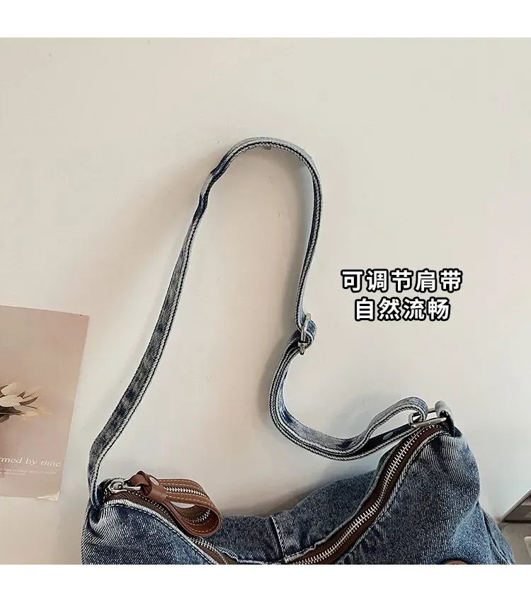 Tas Selempang Wanita Bahan PU Sintetis Polos Warna Biru Model Hobo Tali Panjang Bahan Denim