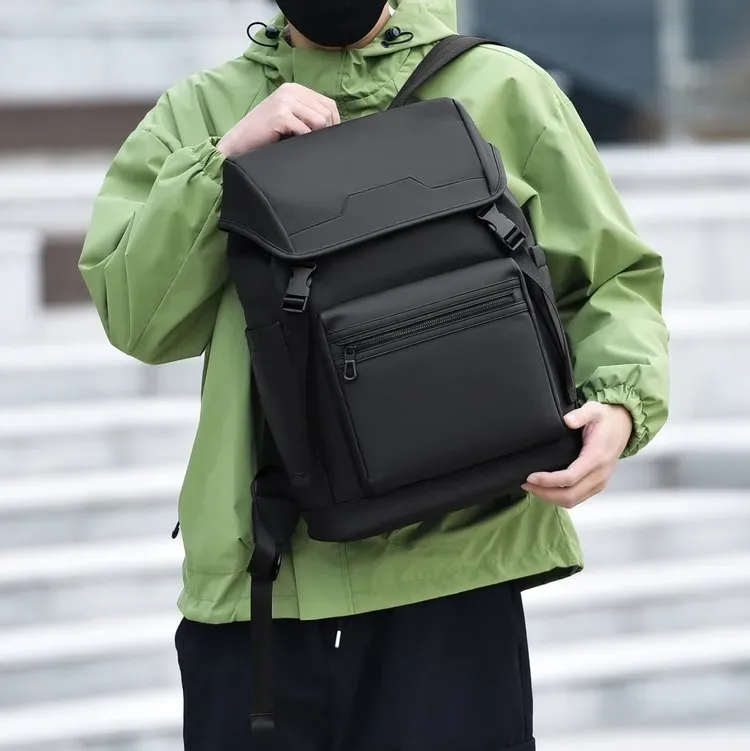 Tas Ransel Pria Bahan Nylon Polos Warna Abu-Abu Bentuk Kotak Tali Lebar untuk Reseller