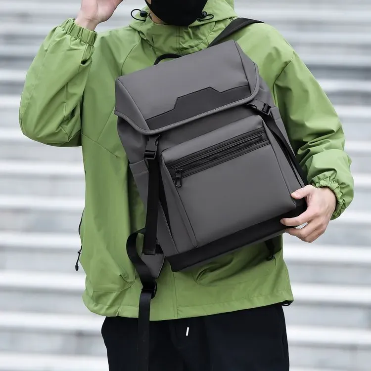 Tas Ransel Pria Bahan Nylon Polos Warna Abu-Abu Bentuk Kotak Tali Lebar untuk Reseller