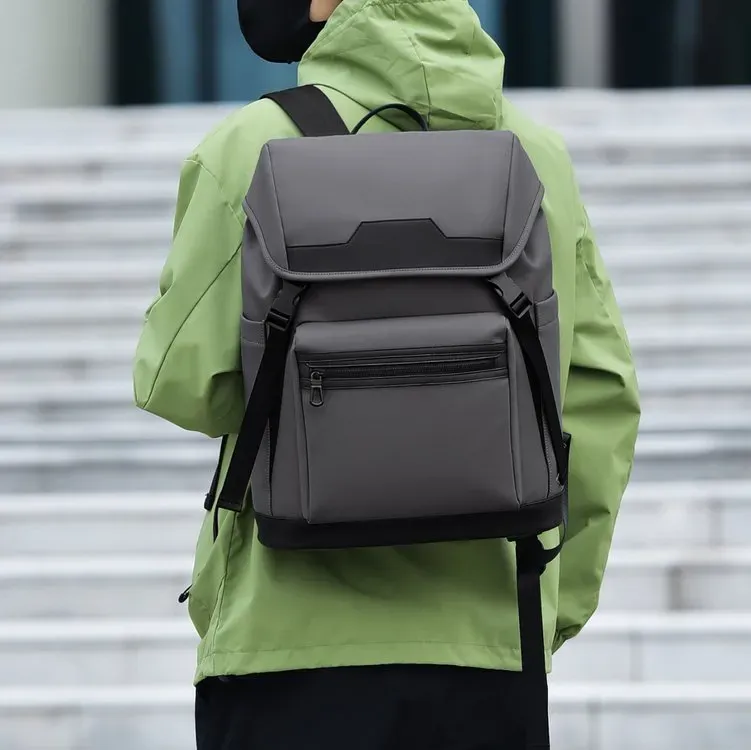 Tas Ransel Pria Bahan Nylon Polos Warna Abu-Abu Bentuk Kotak Tali Lebar untuk Reseller