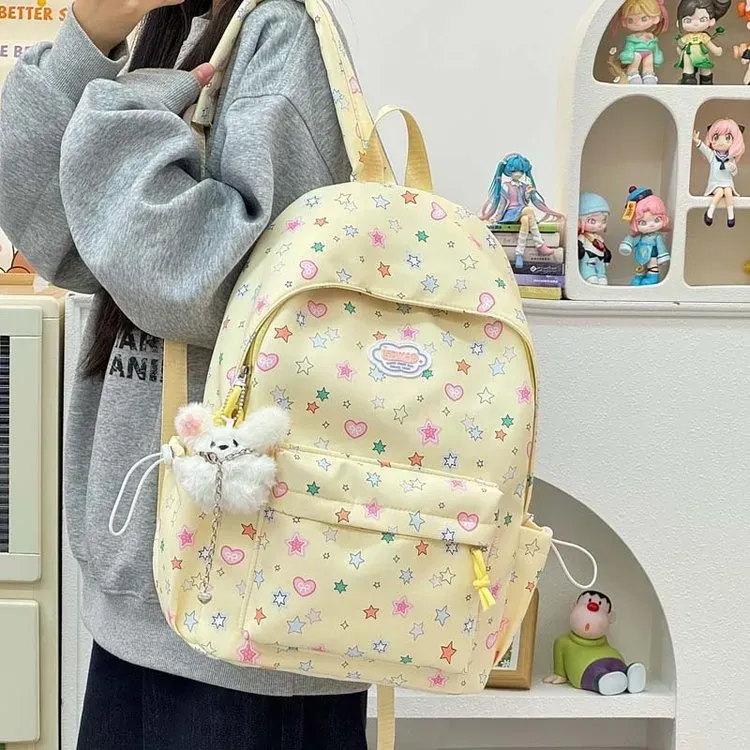 Tas Ransel Wanita Bahan Oxford Motif Print Warna Biru Bentuk Kotak Tali Lebar Grosir Import