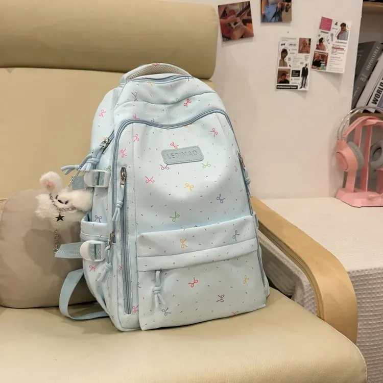 Tas Ransel Wanita Bahan Oxford Motif Print Warna Biru Bentuk Kotak Tali Lebar Grosir Import