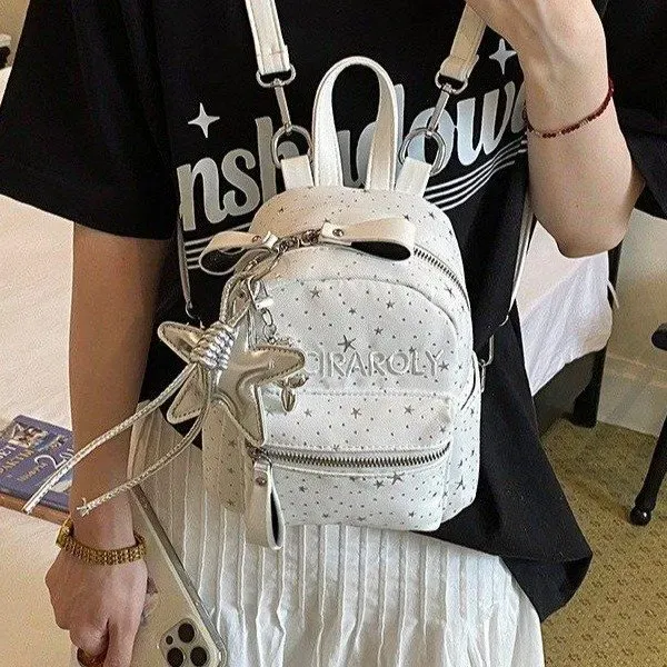 Tas Ransel Wanita Bahan PU Sintetis Motif Print Warna Hitam Bentuk Kotak Tali Resleting Grosir