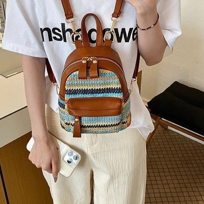 Tas Ransel Wanita Bahan PU Sintetis Motif Print Warna Hitam Bentuk Kotak Tali Resleting Grosir