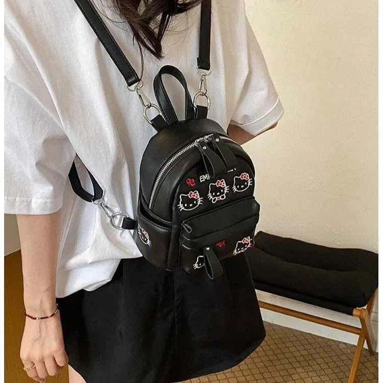 Tas Ransel Wanita Bahan PU Sintetis Motif Print Warna Hitam Bentuk Kotak Tali Resleting Grosir