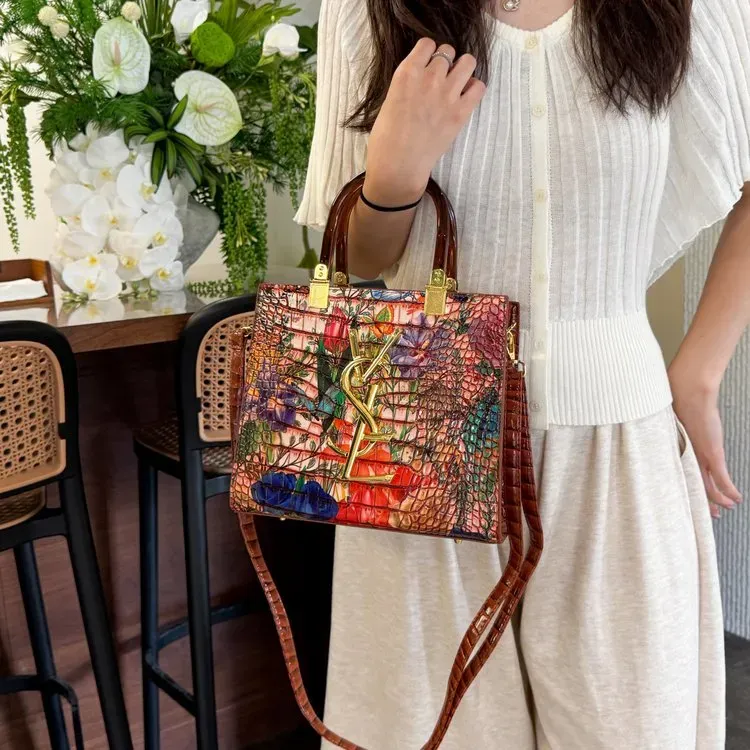 Tas Selempang Wanita Bahan PU Sintetis Motif Floral Bentuk Kotak Tali Panjang Koleksi Reseller