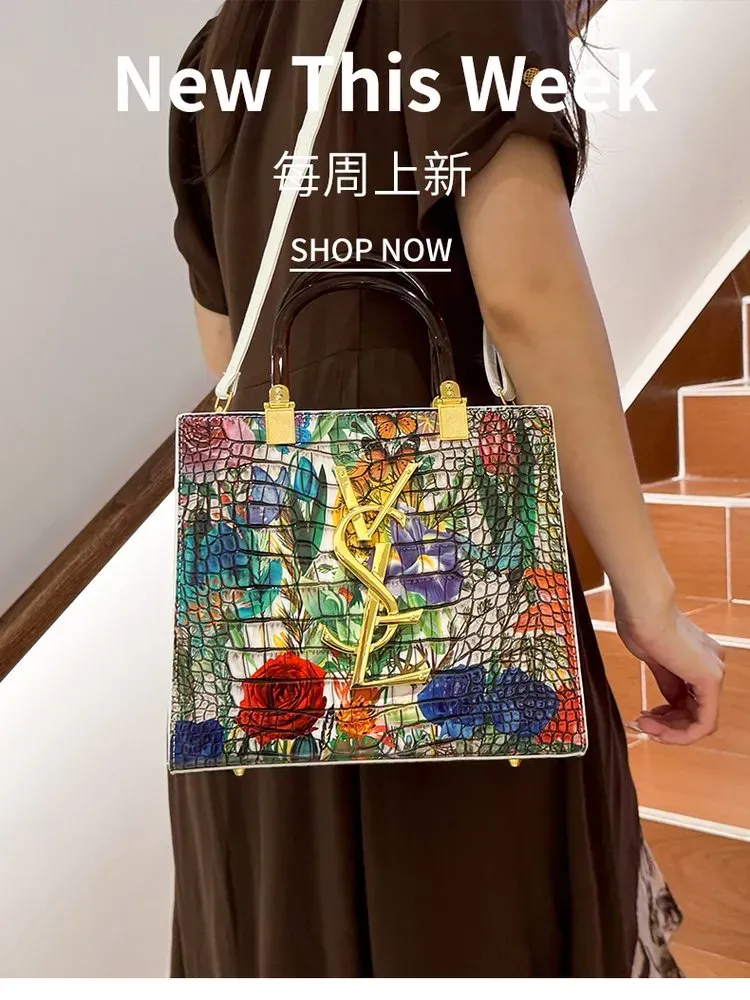 Tas Selempang Wanita Bahan PU Sintetis Motif Floral Bentuk Kotak Tali Panjang Koleksi Reseller