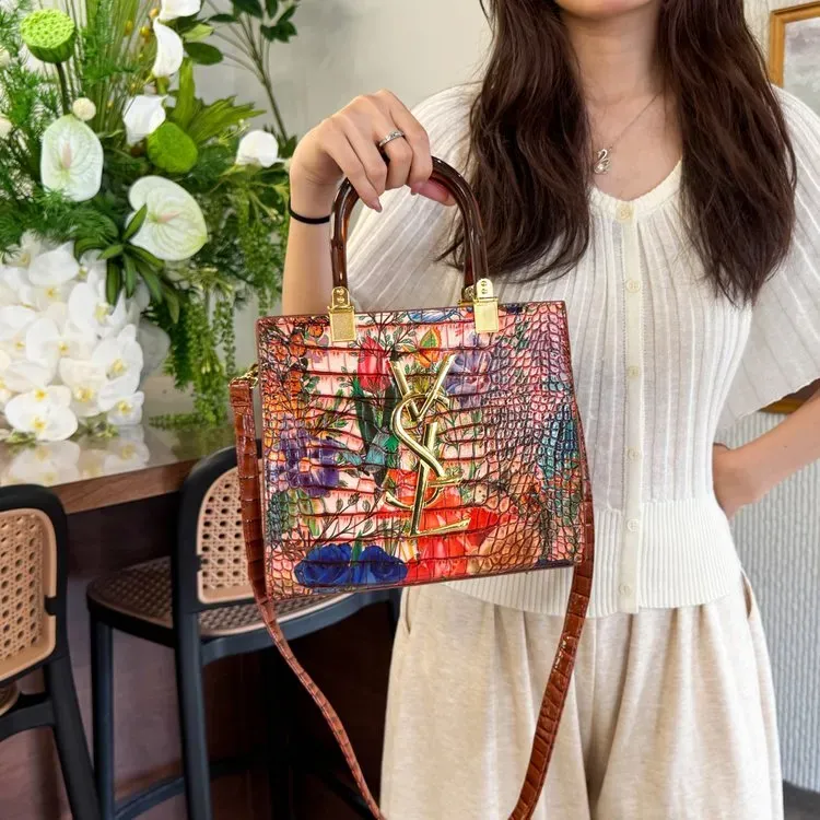 Tas Selempang Wanita Bahan PU Sintetis Motif Floral Bentuk Kotak Tali Panjang Koleksi Reseller