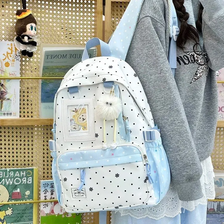 Tas Ransel Wanita Bahan Nylon Motif Polkadot Warna Putih Bentuk Kotak Tali Lebar Resleting