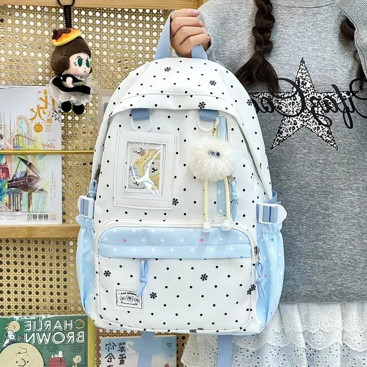 Tas Ransel Wanita Bahan Nylon Motif Polkadot Warna Putih Bentuk Kotak Tali Lebar Resleting