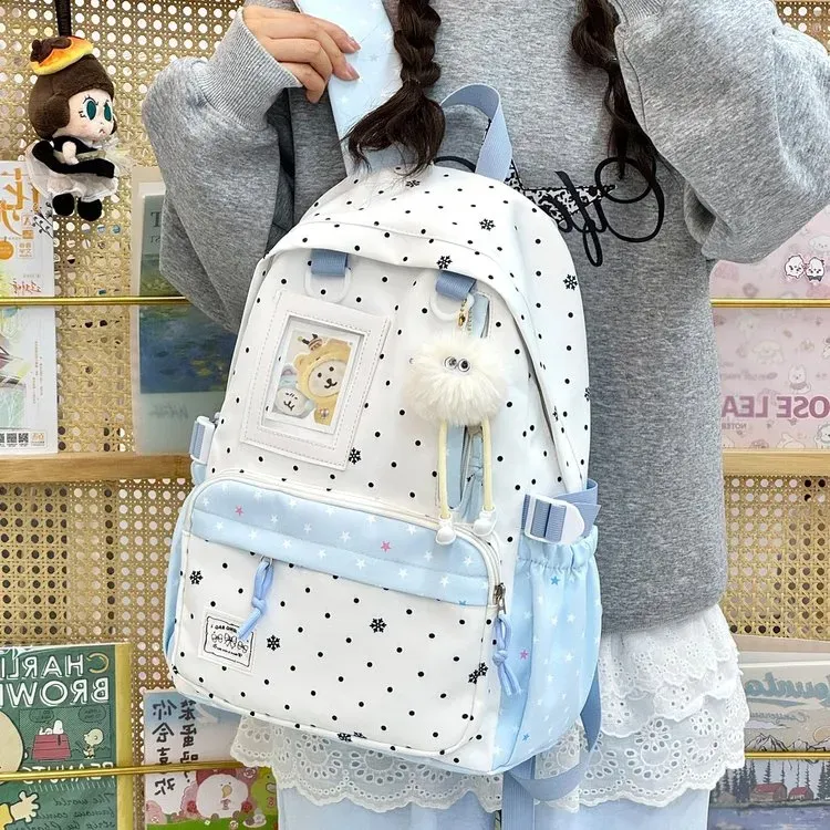 Tas Ransel Wanita Bahan Nylon Motif Polkadot Warna Putih Bentuk Kotak Tali Lebar Resleting