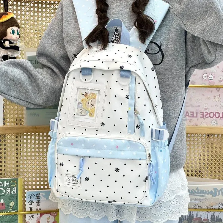 Tas Ransel Wanita Bahan Nylon Motif Polkadot Warna Putih Bentuk Kotak Tali Lebar Resleting