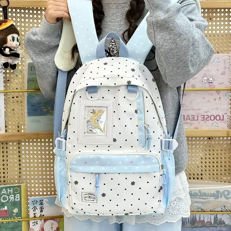 Tas Ransel Wanita Bahan Nylon Motif Polkadot Warna Putih Bentuk Kotak Tali Lebar Resleting