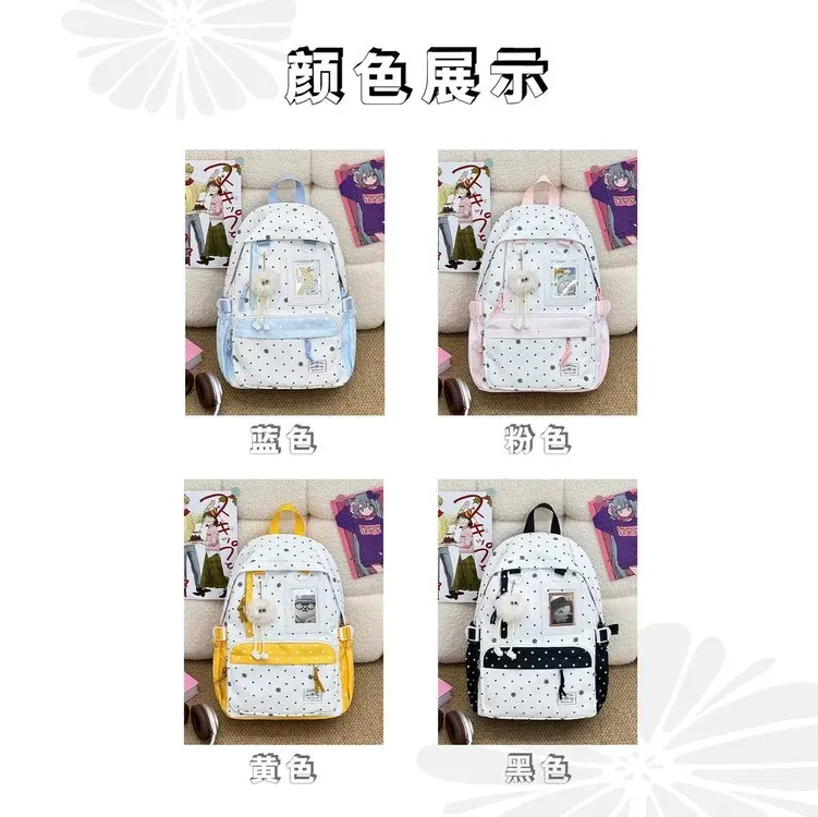 Tas Ransel Wanita Bahan Nylon Motif Polkadot Warna Putih Bentuk Kotak Tali Lebar Resleting