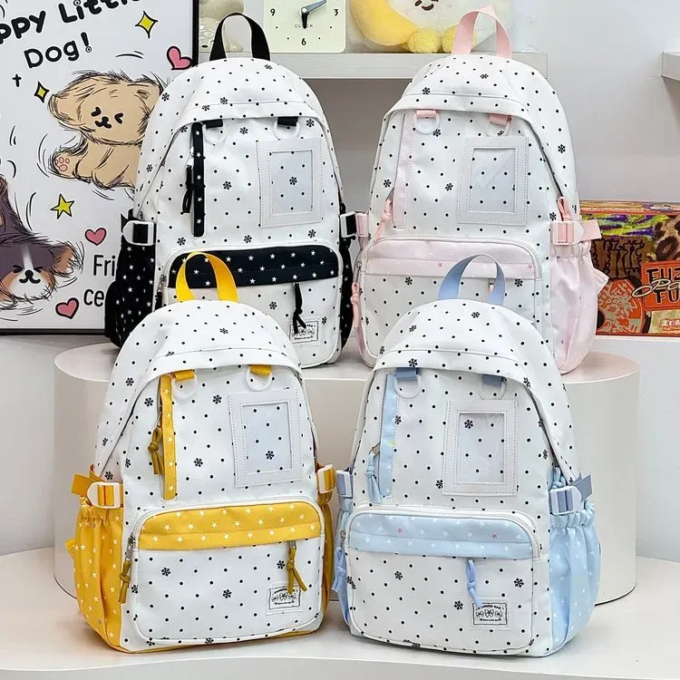 Tas Ransel Wanita Bahan Nylon Motif Polkadot Warna Putih Bentuk Kotak Tali Lebar Resleting