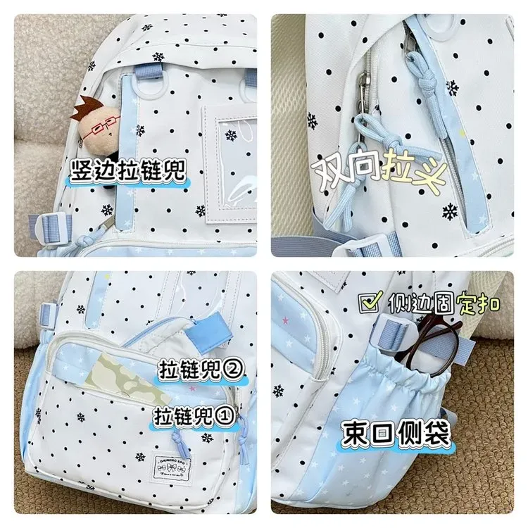 Tas Ransel Wanita Bahan Nylon Motif Polkadot Warna Putih Bentuk Kotak Tali Lebar Resleting