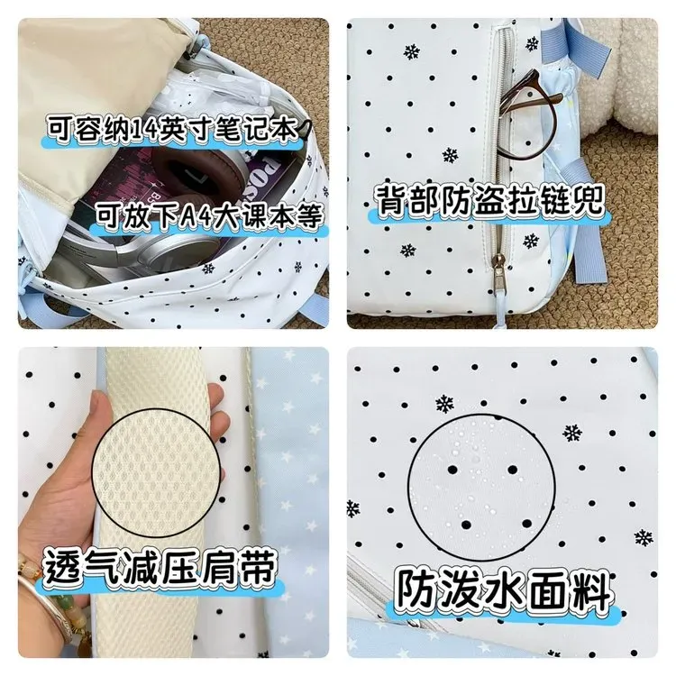 Tas Ransel Wanita Bahan Nylon Motif Polkadot Warna Putih Bentuk Kotak Tali Lebar Resleting