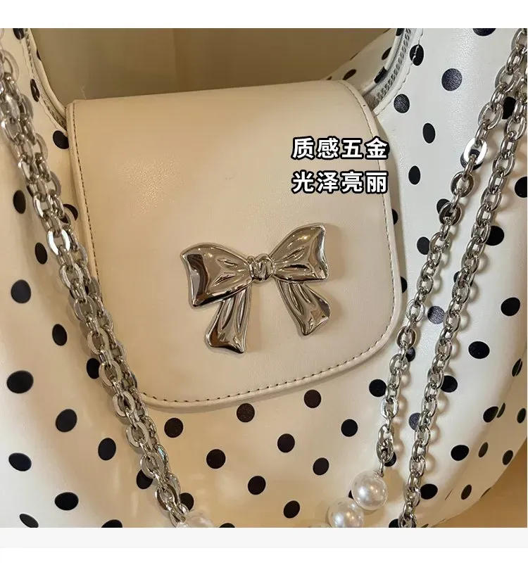 Tas Selempang Wanita Bahan PU Sintetis Motif Polkadot Bentuk Bulat Tali Panjang Resleting