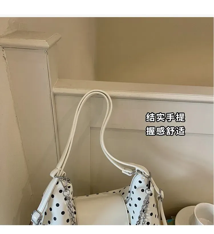 Tas Selempang Wanita Bahan PU Sintetis Motif Polkadot Bentuk Bulat Tali Panjang Resleting