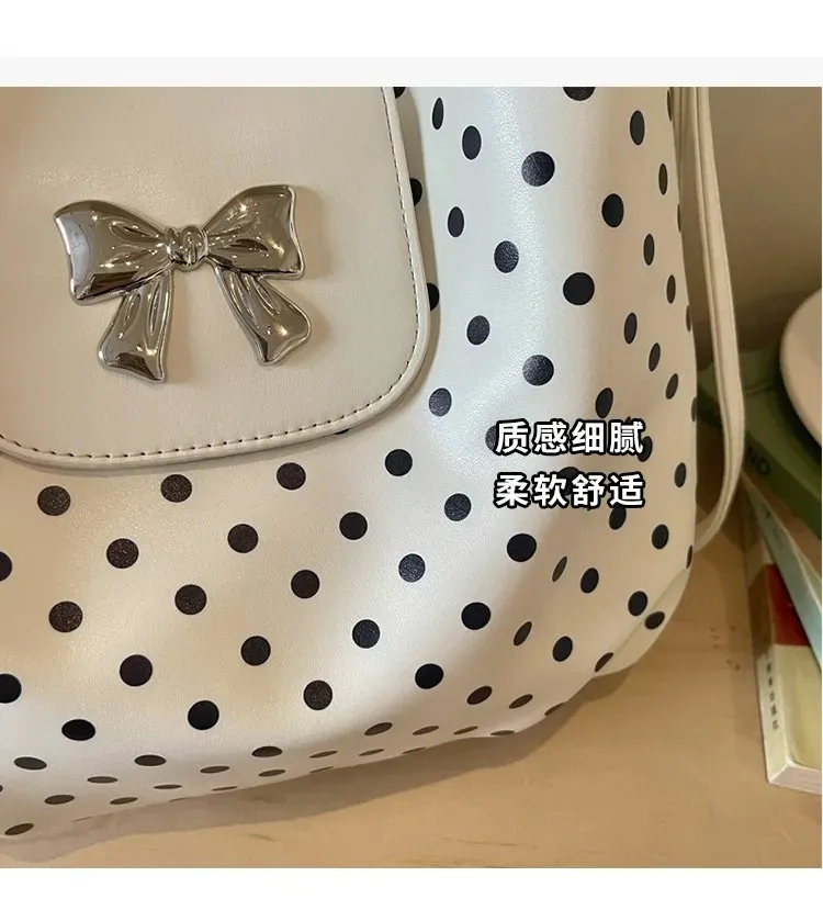 Tas Selempang Wanita Bahan PU Sintetis Motif Polkadot Bentuk Bulat Tali Panjang Resleting