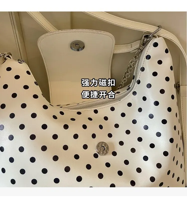 Tas Selempang Wanita Bahan PU Sintetis Motif Polkadot Bentuk Bulat Tali Panjang Resleting
